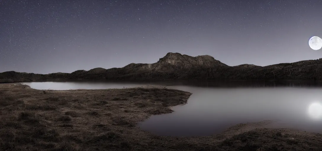 Prompt: lake in a totally dark place with a moon