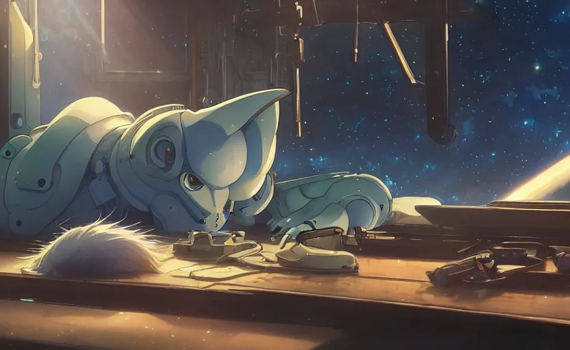 Image similar to an anime alien space cat sleeping on a mechanics workbench in a spaceport in a musical fantasy space opera ghibli animated film, volumetric lighting, octane render by stanley artgerm lau, greg rutkowski, studio ghibli, alphonse mucha, loish, norman rockwel, highly detailed, warm lighting, lens flare