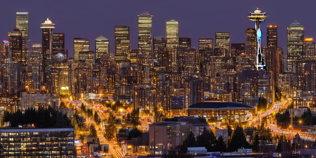 Image similar to downtown Seattle at night, including The Space Needle, 4k, by VanGogh