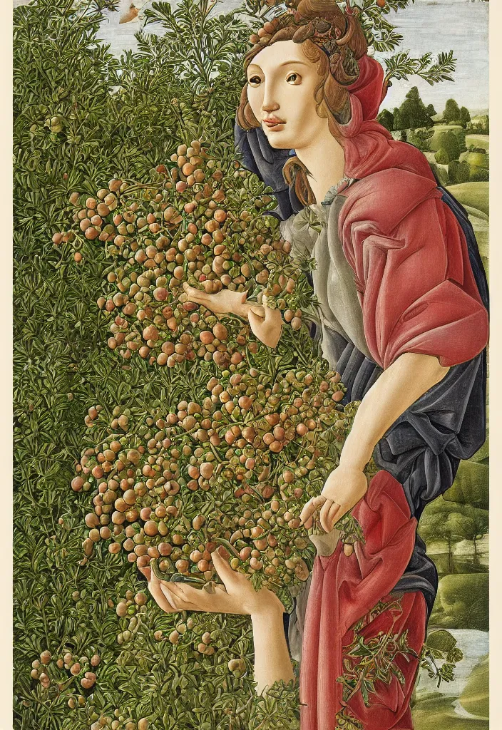 Prompt: men and women, closeup portrait, garden with fruits, ultra detailed, Botticelli style