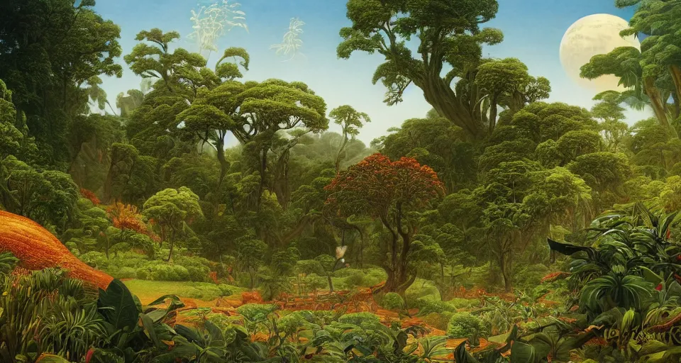 Prompt: huge woodlouse, a landscape on the moon with many craters, huge woodlouse, a beautiful flowering garden, a lot of exotic vegetations, trees, intricate detaild, pale colors, 8 k, in the style of martin johnson heade and roger dean