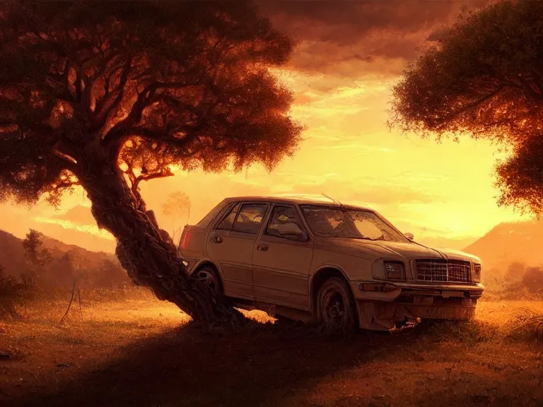 Prompt: close up of a oak tree growing inside a scrap car. overgrown. a soft golden red sunset over the mountains in the background. clouds. hyperrealistic, highly detailed, cinematic, beautiful, cgsociety, artstation, 8 k, oil painting by greg rutkowski, by artgerm, by wlop