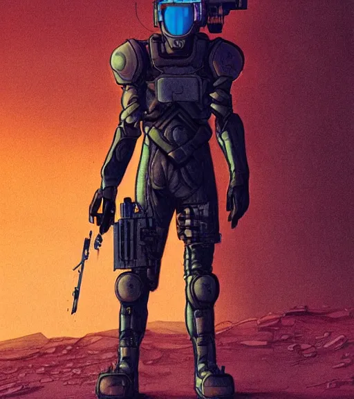 Image similar to a cyberpunk soldier with tactical gear and a rifle patrols a neon city on mars, Industrial Scifi, detailed illustration, character portrait, by Martin Grip and Moebius