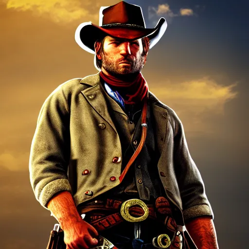 Prompt: a portrait of a Arthur Morgan as a cowboy ,red dead redemption , wild west, cowboy , HDR, natural light, shoulder level shot, dynamic pose, award winning photograph, Mucha style 4k,