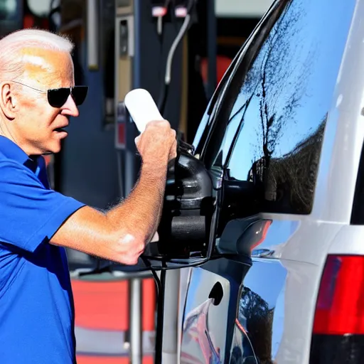 Image similar to joe biden at the gas station pumping gas into his mouth