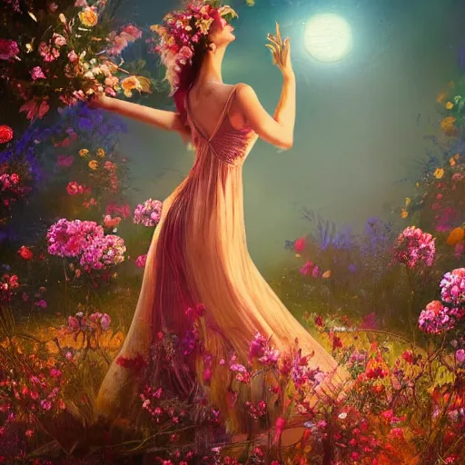 Image similar to summer scene of a spirit of a woman composed by the exquise blossom of flowers, dances in the air majestically, breathtaking, intricate, elegant, beautiful, exotic, fantasy, concept art, digital art, magical scene, cinematic, golden hour, rich moody colors, 8 k, hi - res, uhd