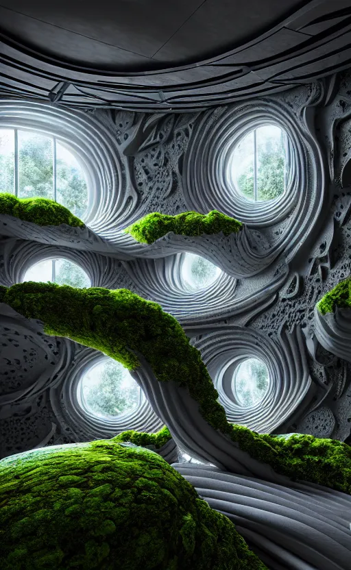 Prompt: highly detailed ultra sharp 3 d render villa interior cinematic composition of a smooth ceramic porcelain biomorphic magnolia stone nebula fluid fractal sci - fi surreal architecture landscape, granite, metallic, magnesium, marble, moss and lichen, vincent callebaut composition, mamou - mani, archviz, beautiful lighting, 8 k, unreal engine, hdr,