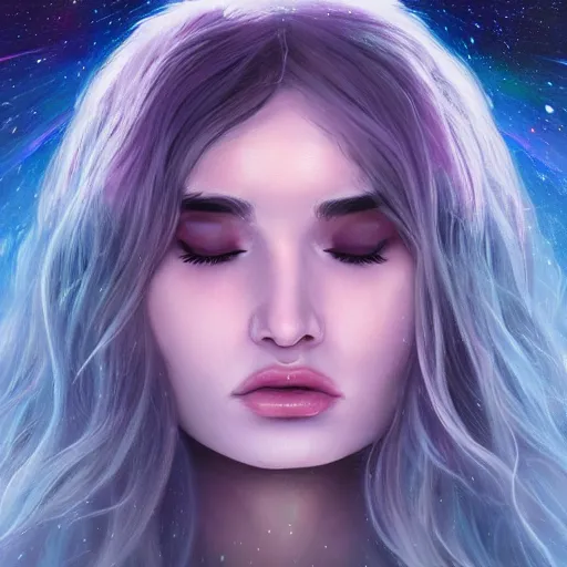 Prompt: an epic cinematic ethereal portrait made of stardust of kim petras with her eyes closed as part of the fabric of the universe and existence, galaxies, stars, nebulas, artstation trending, visionary art, oil painting, cgsociety, instagram