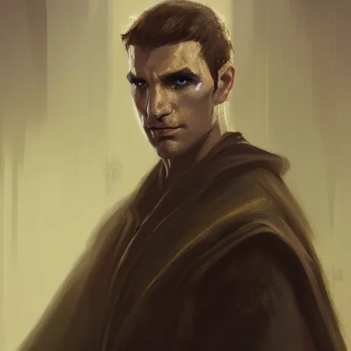 Image similar to portrait of a man by greg rutkowski, jedi knight, he looks like sam witwer wearing black jedi robes, star wars expanded universe, he is about 2 0 years old, highly detailed portrait, digital painting, artstation, concept art, smooth, sharp foccus ilustration, artstation hq