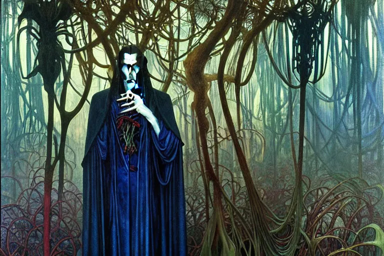 Image similar to realistic extremely detailed portrait painting of an elegantly creepy vampire man dressed as dracula, futuristic sci-fi forest on background by Jean Delville, Amano, Yves Tanguy, Alphonse Mucha, Ernst Haeckel, Edward Robert Hughes, Roger Dean, rich moody colours, blue eyes