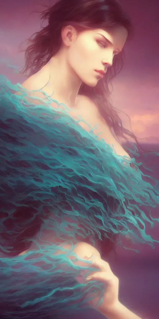 Image similar to haunting beautiful young woman, detailed photo realistic gorgeous face turning waves, dark, ominous, sad eyes, glowing hue of teal, vaporwave aesthetic, synthwave , digital painting, artstation, concept art, smooth, sharp focus, illustration, art by artgerm and greg rutkowski and alphonse mucha