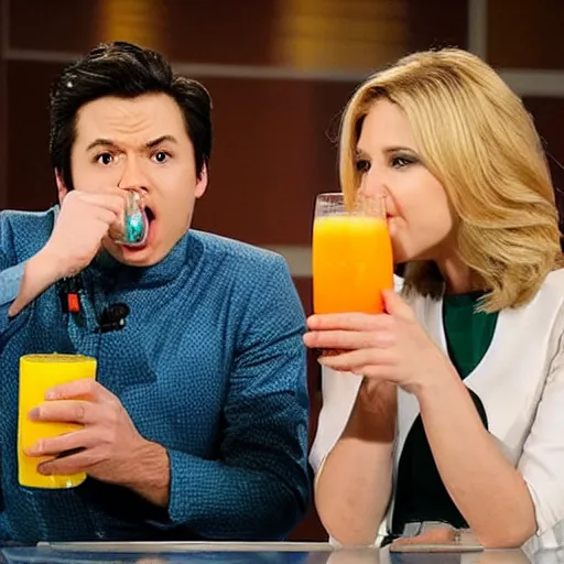 Prompt: “a tv anchor drinking orange juice in front of her shocked cohost”