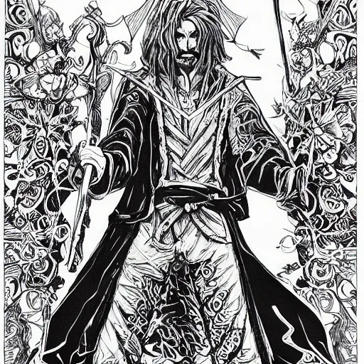 Prompt: black and white pen and ink!!!! aesthetic instagram artstation trending royal! nordic goetic Raiden x Frank Zappa golden!!!! Vagabond!!!! floating magic swordsman!!!! glides through a beautiful!!!!!!! floral!! battlefield dramatic esoteric!!!!!! pen and ink!!!!! illustrated in high detail!!!!!!!! by Junji Ito and Hiroya Oku!!!!!!!!! graphic novel published on 2049 award winning!!!! full body portrait!!!!! action exposition manga panel black and white Shonen Jump issue by David Lynch eraserhead and Frank Miller beautiful line art Hirohiko Araki