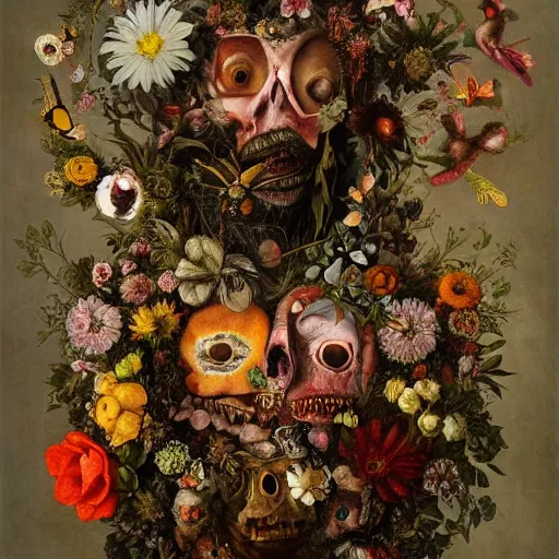 Prompt: A beautiful detailed existential horror portrait painting 'The Godes of nature' by Giuseppe Arcimboldo, flowers bees and birds everywhere, Trending on cgsociety artstation, 8k, masterpiece, in the style of DiscoDiffusion.