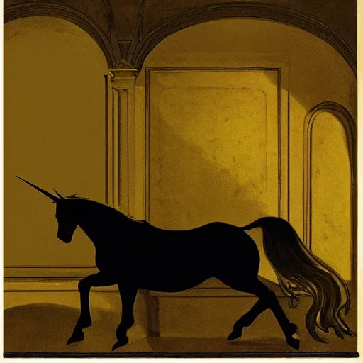 Prompt: a black unicorn in a gold haunted liminal room, digital painting by goya, colors by pontormo, lights by hopper, extreme detail, liminal aesthetic, background art nouveau