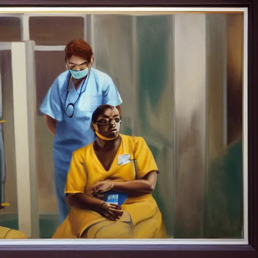 Prompt: During the epidemic, I was an intern at the hospital as a trainee nurse, sitting at the gate, responsible for checking the health codes of incoming and outgoing patients and their families.painting,dynamic scene,4k,dust.