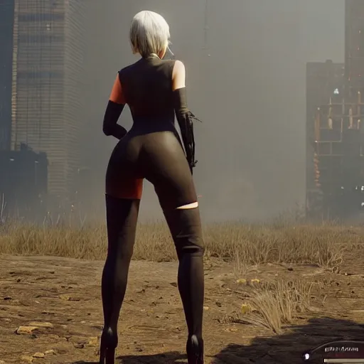 Image similar to new york city portrait of 2B nier automata wearing skin tight clothes screenshot from the video game Red dead redemption 2 digital art by Greg Rutkowski, Simon Stalenhag, christopher nolan trending on Artstation, CGSociety