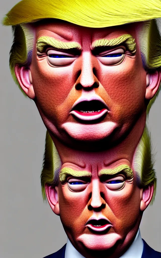 Image similar to hyperrealistic mixed media painting of Donald Trump as a Troll doll, stunning 3d render inspired art by P. Craig Russell and Barry Windsor-Smith + perfect facial symmetry + dim volumetric lighting, head and shoulders, serious expression, 8k octane beautifully detailed render, post-processing, extremely hyperdetailed, intricate, epic composition, grim yet sparkling atmosphere, cinematic lighting + masterpiece, trending on artstation, very detailed, masterpiece, stunning