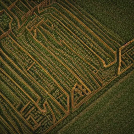 Prompt: hyperrealistic dslr film still of overhead view of sophisticated corn maze, stunning 8 k octane comprehensive 3 d render, inspired by istvan sandorfi & greg rutkowski & unreal engine, perfect symmetry, dim volumetric cinematic lighting, extremely hyper - detailed, incredibly real lifelike attributes & flesh texture, intricate, masterpiece, artstation, stunning