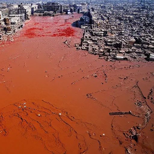 Prompt: bird's eye view of a river of blood flowing near the pyramids of giza