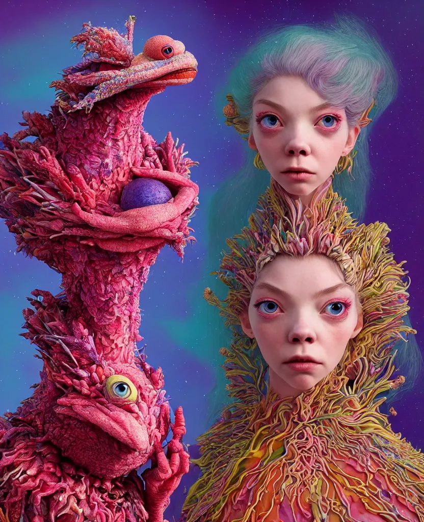 Image similar to hyper detailed 3d render like a Oil painting - kawaii portrait of two Aurora (a beautiful skeksis muppet fae princess protective playful expressive from dark crystal that looks like Anya Taylor-Joy) seen red carpet photoshoot in UVIVF posing in scaly dress to Eat of the Strangling network of yellowcake aerochrome and milky Fruit and His delicate Hands hold of gossamer polyp blossoms bring iridescent fungal flowers whose spores black the foolish stars by Jacek Yerka, Ilya Kuvshinov, Mariusz Lewandowski, Houdini algorithmic generative render, golen ratio, Abstract brush strokes, Masterpiece, Edward Hopper and James Gilleard, Zdzislaw Beksinski, Mark Ryden, Wolfgang Lettl, hints of Yayoi Kasuma and Dr. Seuss, octane render, 8k