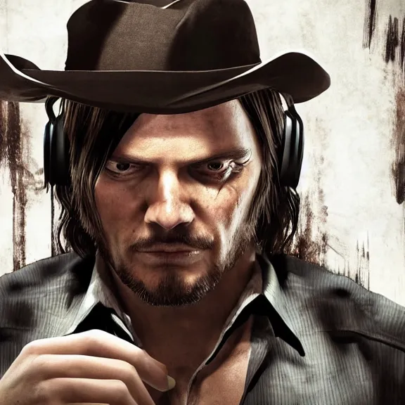 Image similar to john marston in his bedroom, playing pc games with gaming headphones on, photograph