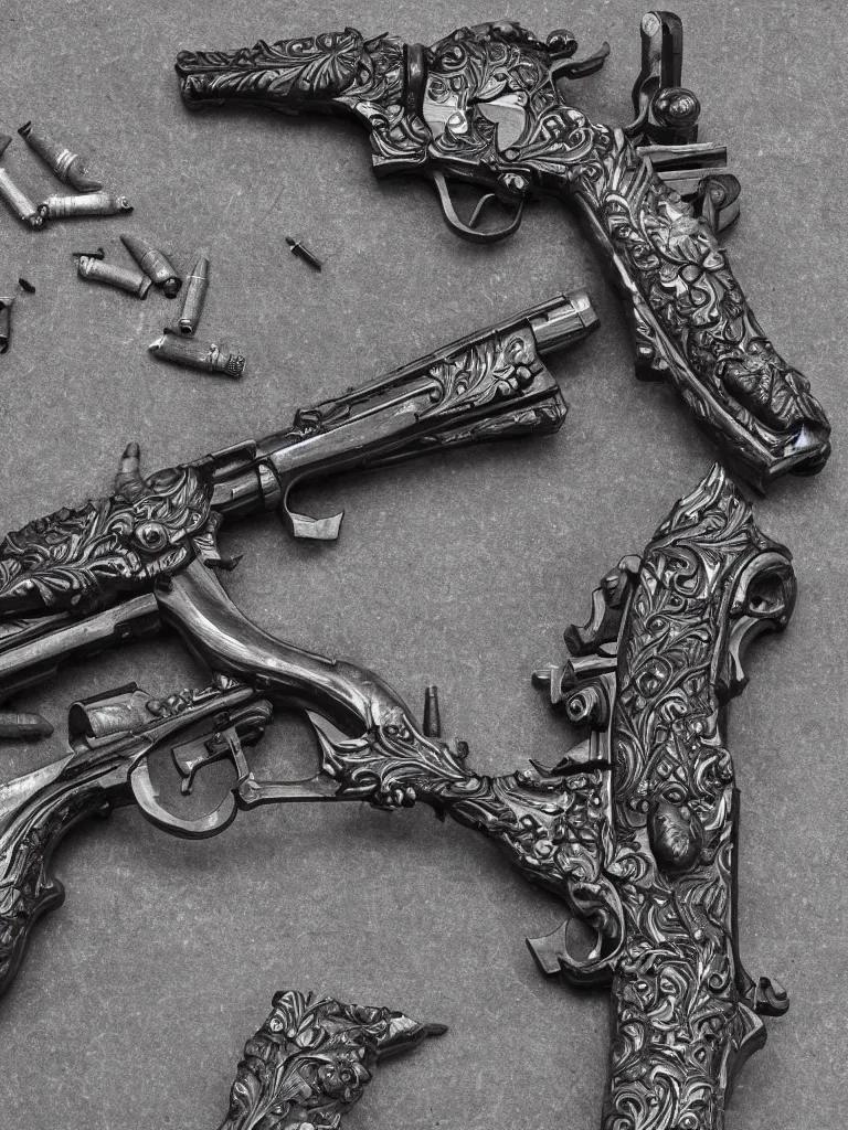 Prompt: carving in old worn black granite of machine guns shotguns rifles revolvers bullets, magazine cover, ultrarealistic, intricate details, 4k