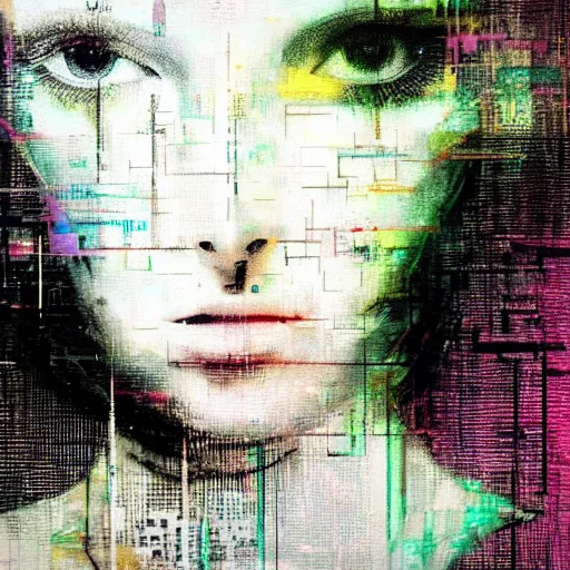 Image similar to portrait of a youthful beautiful women, mysterious, glitch effects over the eyes, fading, by Guy Denning, by Johannes Itten, by Russ Mills, centered, glitch art, clear skin, hacking effects, chromatic, cyberpunk, color blocking, digital art, concept art, abstract