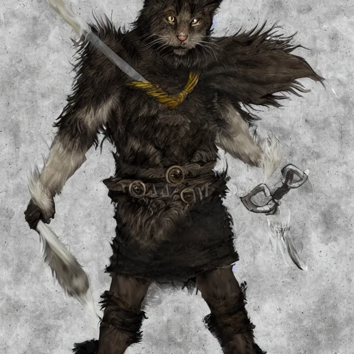 Image similar to khajit tabaxi catfolk humanoid with maine coon features black fur with a scar on the left eye and holding two shortswords cloaked in shadow and wearing hooded leather armor toned muscle, dungeons and dragons, pure white background, fantasy, tarot card style, high detail, hyper realistic