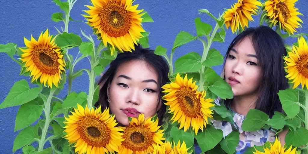 Image similar to queen of sunflowers, crown of vines, asian eyes + blue skin