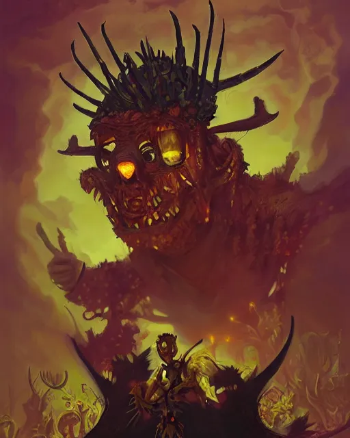Prompt: a portrait of our lord and saviour beelzebub, the harbringer of death, ruler of the demons, king of the flies, a motherless heathen who brings misery upon the worlds known and unknown by rhads by greg tocchini, by james gilleard, by joe fenton