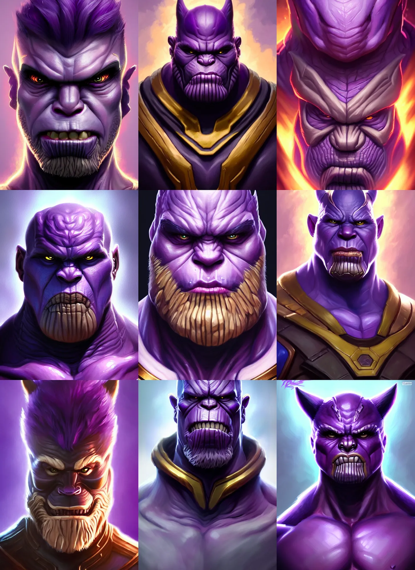 Prompt: a fantasy style portrait painting a character if rocket raccoon and thanos had a son purple skin, powerful chin, thanos style traits, painting, unreal 5, daz., rpg, portrait, extremely detailed, artgerm greg rutkowski _ greg