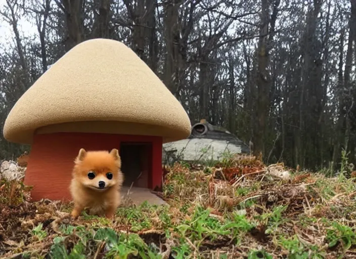 Prompt: a tan pomeranian in front of a mushroom house