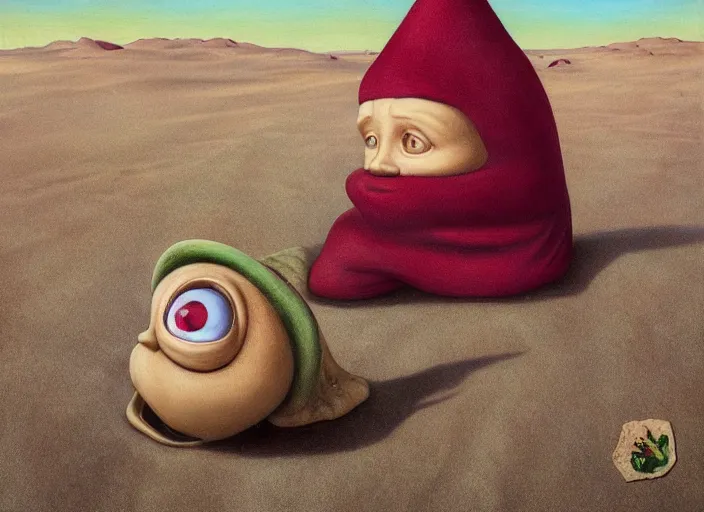 Image similar to a discarded half - buried garden gnome in a vast barren desert, an ultrafine detailed painting by mark ryden, trending on deviantart, pop surrealism, whimsical, lowbrow, perfect symmetrical face