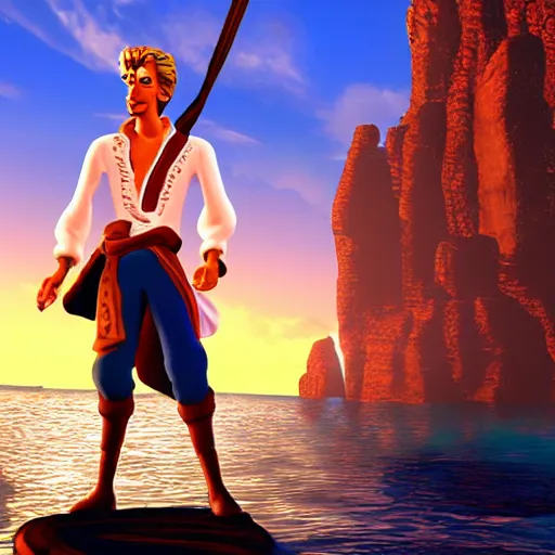 Image similar to Guybrush threepwood in a stunning pirate landscape, golden hour