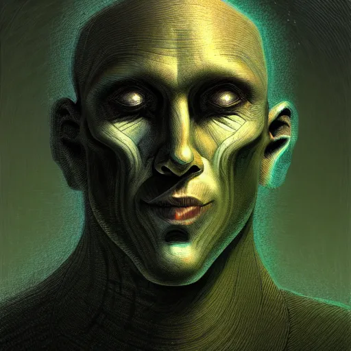 Image similar to scifi character portrait of man in the style of android jones and zdzislaw beksinski, 1 / 4 headshot.