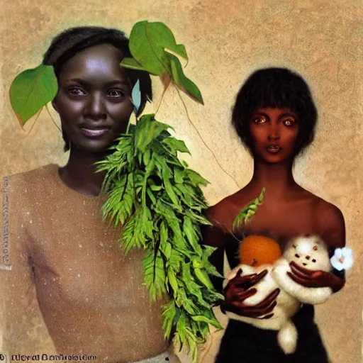 Image similar to dark skinned woman holds a living doll made out of leaves and wool, art by howard david johnson