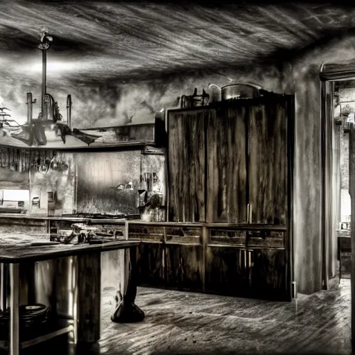 Prompt: apocalyptic kitchen, dramatic lilghting, bloom, by greg rutowski
