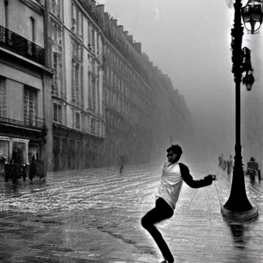 Image similar to the man leaping in a raining paris street, by henri cartier bresson,