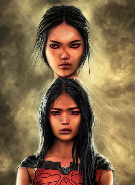 Image similar to An epic fantasy comic book style portrait painting of a young Malaysian woman, expressive, dark piercing eyes, staring at the viewer, tomboy, flat face, pouting, tan skin, beautiful futuristic hair style, monochromatic striped tank top with long sleeves, bare midriff, unreal 5, DAZ, hyperrealistic, octane render, cosplay, RPG portrait, dynamic lighting