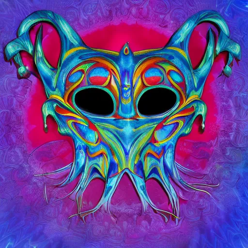 Image similar to a psychedelic jester mask with three rows of eyes album cover 4k