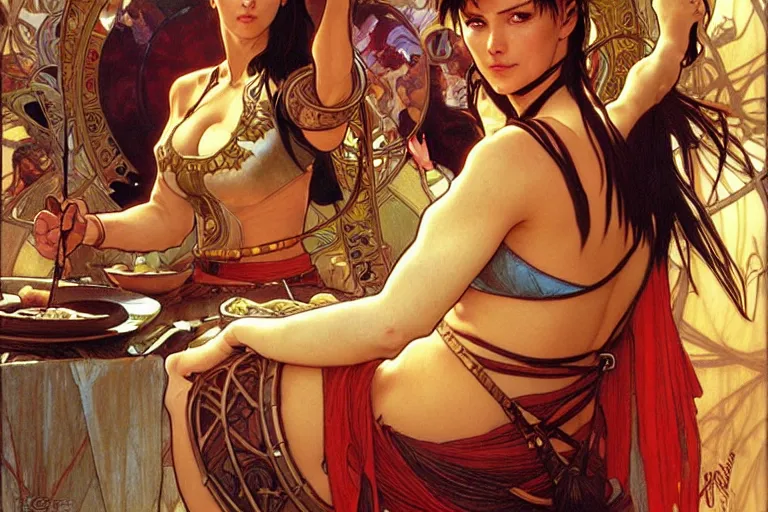 Image similar to xena warrior princess eating at a restaurant art by artgerm and greg rutkowski and alphonse mucha