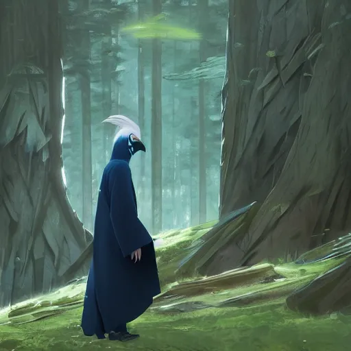 Image similar to concept art painting of an anthropomorphic albino raven wearing dark blue robes, in the deep forest, realistic, detailed, cel shaded, in the style of makoto shinkai and greg rutkowski and james gurney