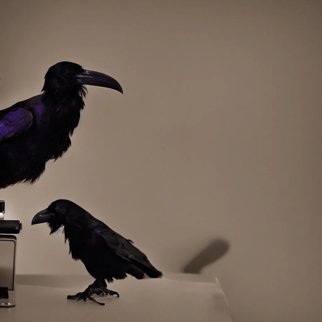 Image similar to a photograph of a raven using a computer, filmic, dramatic lighting