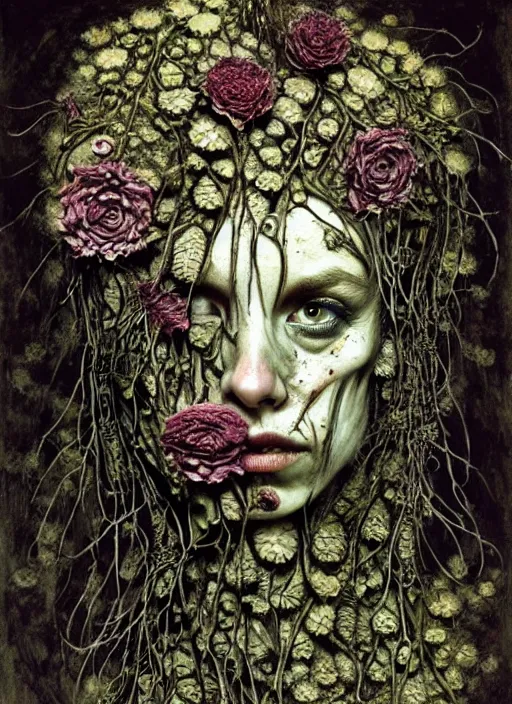 Image similar to beautiful and detailed rotten woman corpse made of fractal plants and many different types of flowers, muscles, veins, arteries, intricate, organs, ornate, surreal, john constable, guy denning, dan hillier