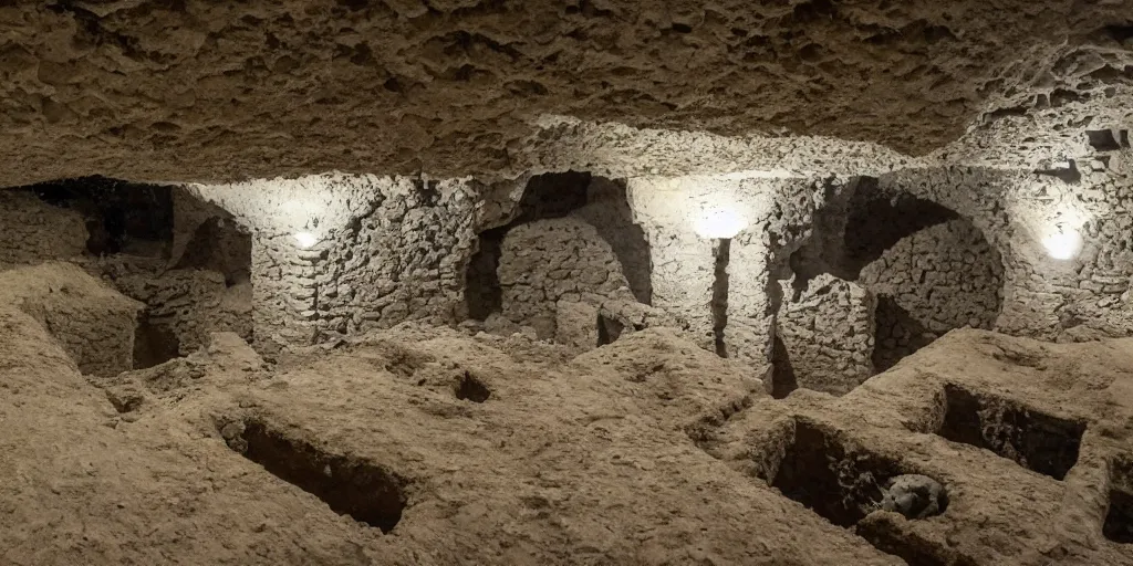 Prompt: archeological discovery of a perfectly well preserved castle underground