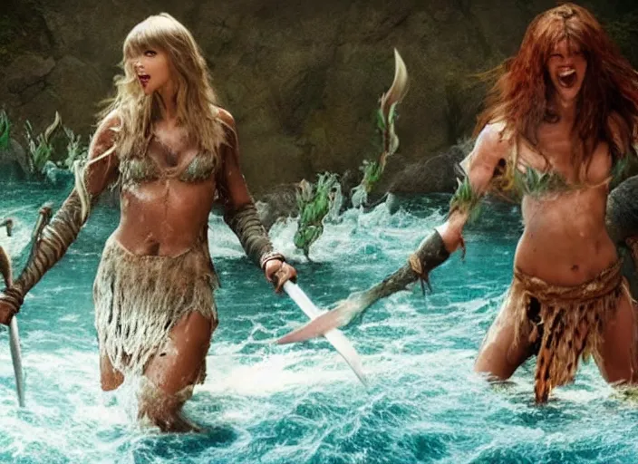 Image similar to taylor swift as conan the barbarian food fight with water nymphs, movie still, 8 k, realistic