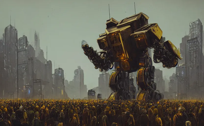 Prompt: an intricate matte painting of a giant armored plated metal mecha, crowd of people, by simon stalenhag, rust, yellow and black trim, trending on artstation, hdr, 8 k