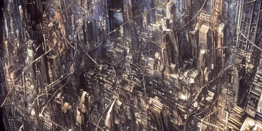Image similar to Futuristic Sci-fi Alien metropolis of The Last Skybridges of New York City Tenement District with unfathomable depth, filled with bustling flying vehicle traffic (The Fifth Element 1997)