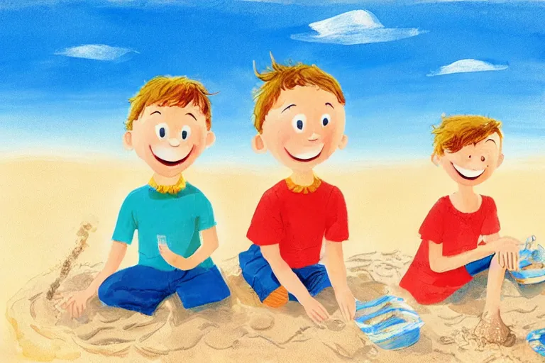 Image similar to Two happy children sitting on the beach making sandcastles, blue sky, HD, by Benji Davies